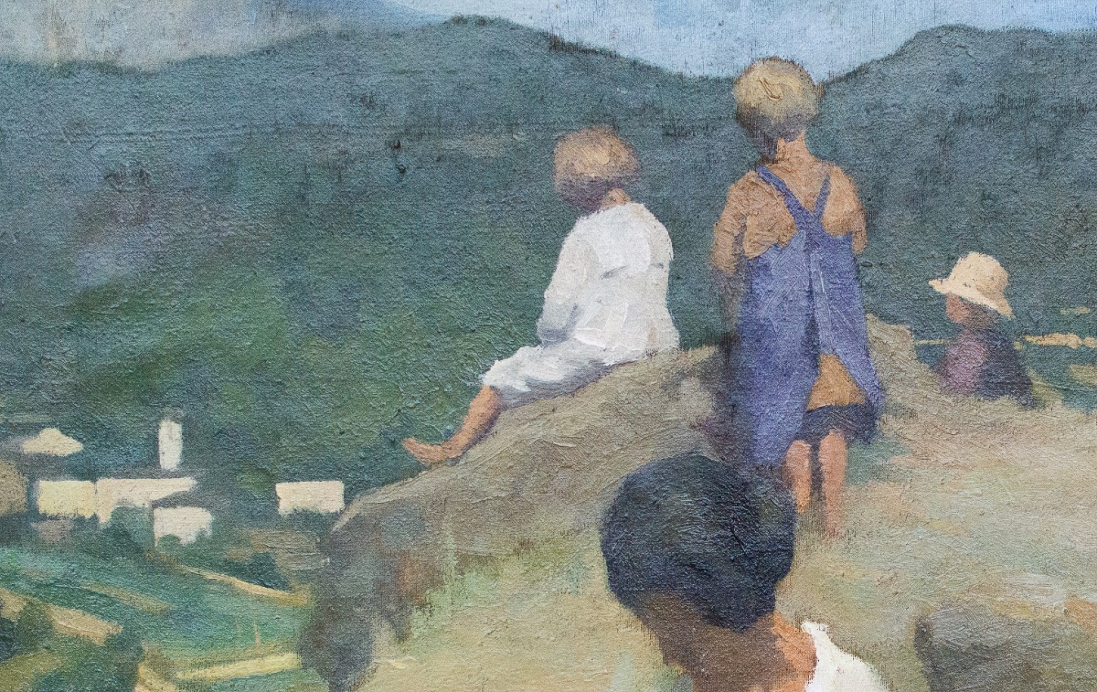 Scena di lettura in paesaggio montano – Pittura italiana, fine XIX secolo-photo-1