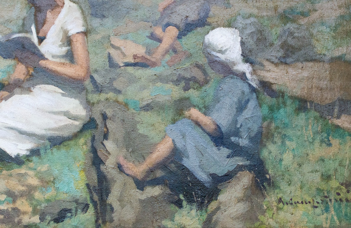 Scena di lettura in paesaggio montano – Pittura italiana, fine XIX secolo-photo-2