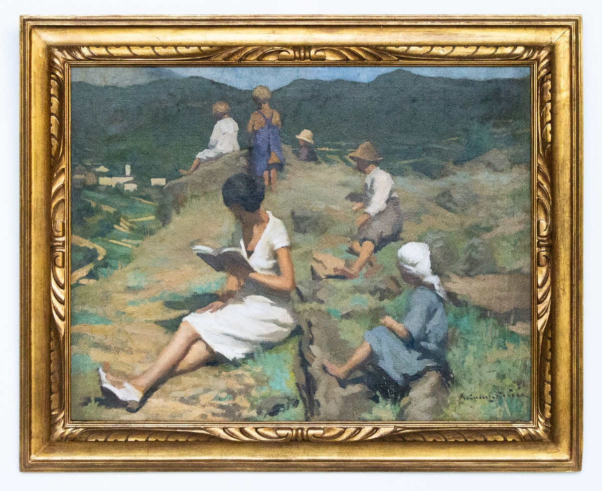 Scena di lettura in paesaggio montano – Pittura italiana, fine XIX secolo