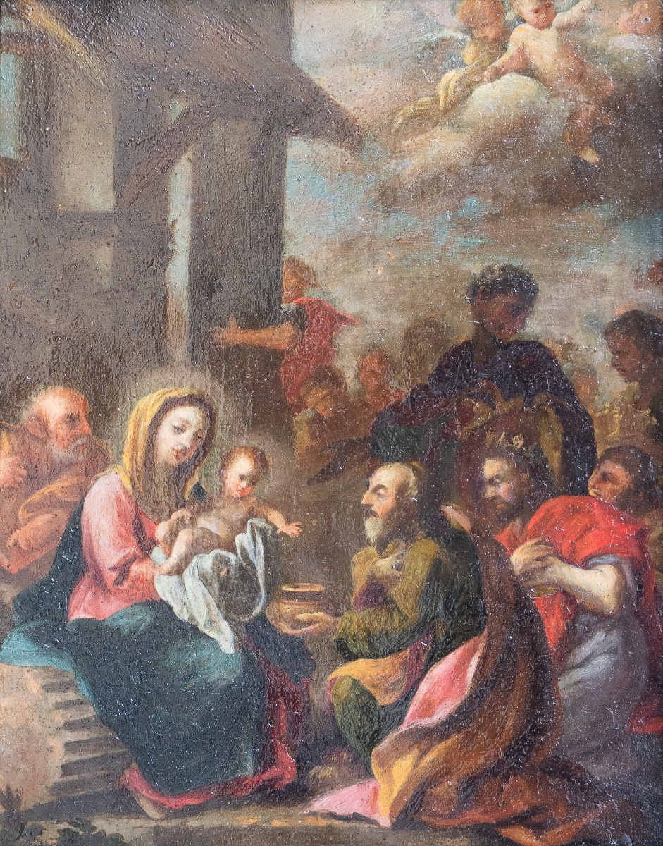 Dipinto raffigurante la Sacra Famiglia, olio su rame-photo-2