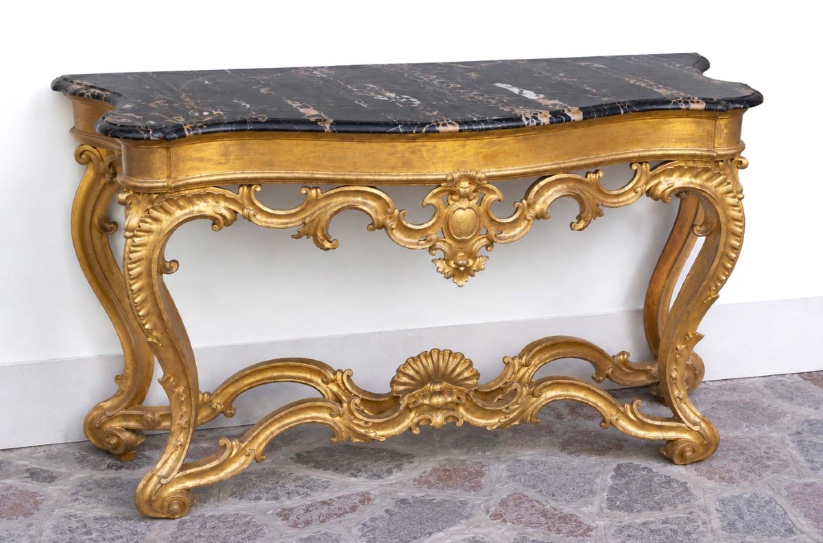 Consolle romana in legno dorato e Marmo Portoro