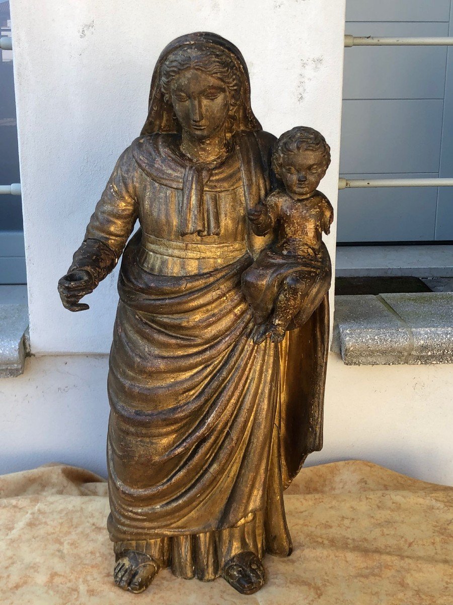 Sculpture du 17e siècle en bois doré Vierge à l'Enfant-photo-1