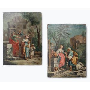Coppia di dipinti ad olio su tela – Scene bibliche pastorali
