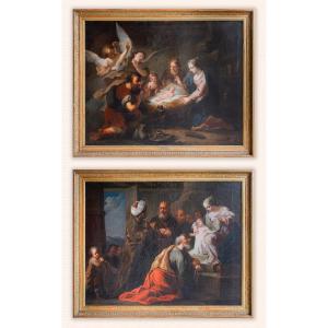 Coppia di dipinti a tema religioso, Adorazione dei Pastori – Adorazione dei Magi