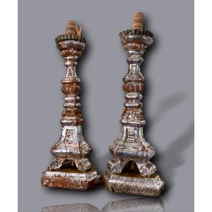 Pair Of Italian Louis XVI Silver Leaf Candlestick Holders