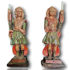Pair Of Large Wooden Ceremonial Angels - Siena, 16th Century
