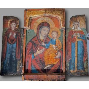 Triptych Of The Virgin And Child Surrounded By Two Saints – Bulgarian School, 18th Century