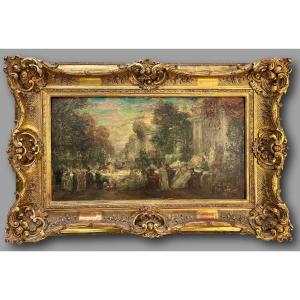 Galante Garden Scene With Architecture – Circle Of Alfred Monticelli, Oil On Panel, Late 19thc