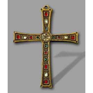 Medieval Pectoral Cross In Champlevé Enamelled Bronze - Chrism Chi-rho - D. Et S. Piéchaud