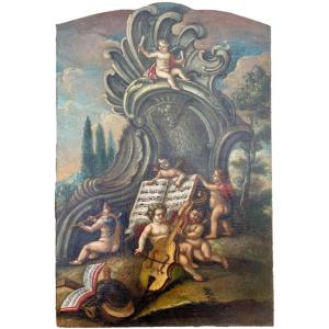 Allegory Of Music With Putti – Large Oil On Canvas, Italian Master, 18th Century –