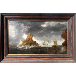 Bonaventura Peeters I - Rough Sea With Merchant Ships And Dolphins - 17th Century Marine