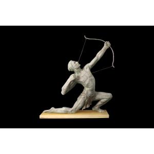 Spelter Sculpture "the Archer" By Jean De Roncourt (1869-1937)