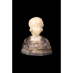 Alabaster And Marble Sculpture "bust Of A Young Girl" By Gustave Van Vaerenbergh (1873-1927)