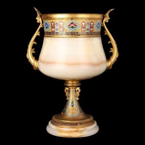 Monumental Cup In Onyx And Gilt Bronze With Polychrome Enamels, Napoleon III Period, Ca 1880