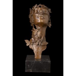 Late Bronze Sculpture "face Of A Woman With Flowers" By Milo