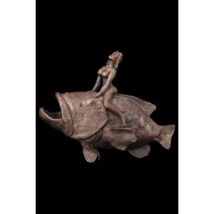 Bronze Sculpture "woman On A Carp" By Kern