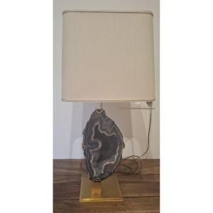Table Lamp By Willy Daro – Agate And Brass Slice – Belgian, Circa 1970