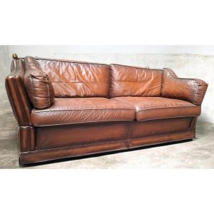 Three-seater Sofa In Brown Leather – Attributed To Maison Jansen 