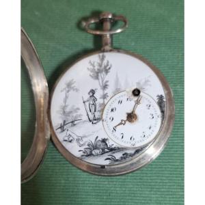 Pocket Watch In Silver, Off-center Dial And Painted Enamel