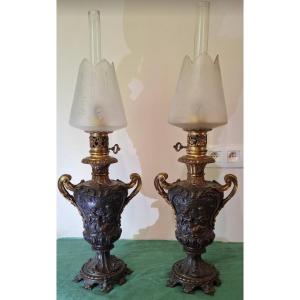 Pair Of Bronze Antique Oil Lamps - Maison Alphonse Giroux Paris, 19th Century