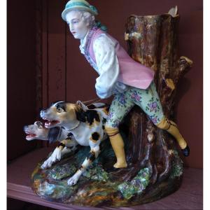German Porcelain Group Hunter On The Lookout With Dogs