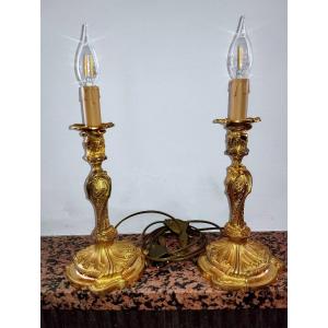 Pair Of Candlesticks In Gilt Bronze Rocaille Style 19th