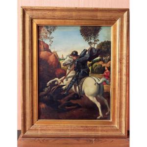 Oil On Panel "st George Slaying The Dragon" After Raphael