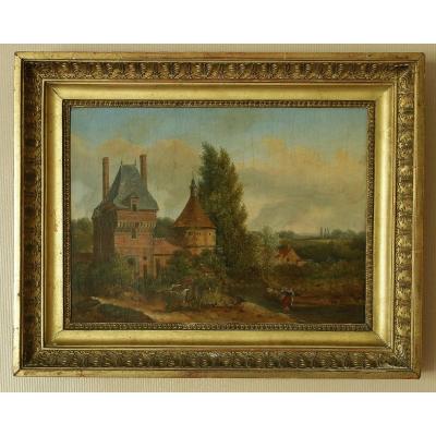 Animated Landscape In The Castle Oil On Panel End 18th Early 19th