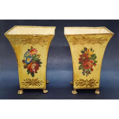 Pair Of Flower Pot In Iron Plate Painted Flower Bouquets Directoire Period