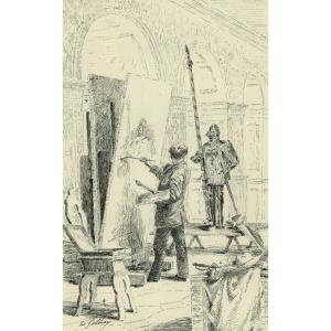 édouard Gelhay (1856-1939) The Painter's Studio - Old Pen Drawing