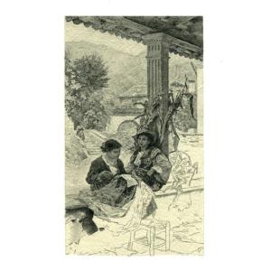 Interesting And Very Delicate Original Drawing - Two Women Embroidering