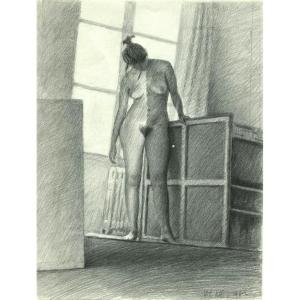 Karsiu Lee (1949) - Original Drawing - Nude At The Studio