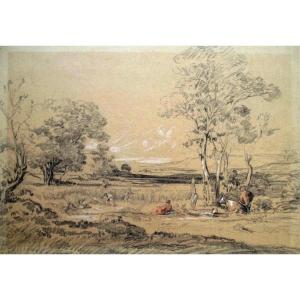 Large Pastoral Scene - Original Drawing Aufusain, Sanguine, White Chalk And Graphite