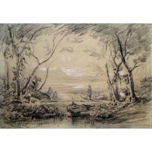 Pastoral Scene - Large Original Drawing - Charcoal, White Chalk, Graphite