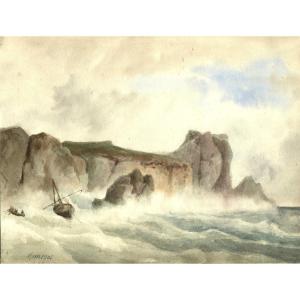 Jean-baptiste Romegas (1800-1867) School Of Marseille - Seascape, Boat Original Drawing