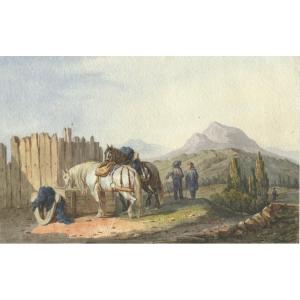 Théodore Fort (1810-1896) Attrib. To - Horses In A Landscape - Original Watercolor Drawing