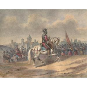 Auguste Sébastien Benard (1810-1873) - Cavalry - Original Watercolor Drawing