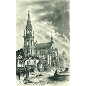 Rare Original Drawing By Peter Hawke (1801-1887) Women At The Fountain In Front Of A Church