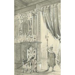 Old Original Drawing - Interior Scene