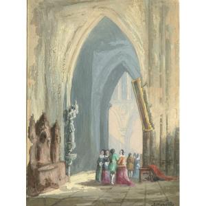 Beautiful Gouache Depicting A Group Of Characters In A Church - Old Drawing