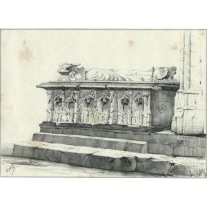 Original Drawing By Joseph Pt Latour (1807-1865) St Bertrand De Comminges Cathedral Gisant