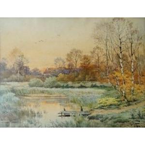 Hippolyte Jean Adam Gide (1852-1921) Pond In Sologne - Large Watercolor