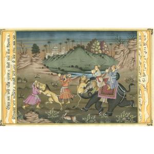 India - Gouache And Gold - Lion Hunting