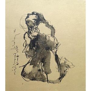 Imploring Woman - Original Ink And Wash Drawing