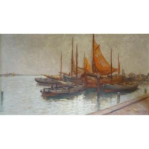 Large Painting By Kees Terlouw 1890-1942 - Dutch School Seascape Boats
