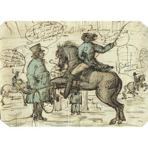 Equestrian Drawing C.1840 - Original Antique Pen, Ink And Watercolor Drawing