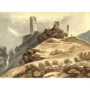 View Of Italy - Neoclassical Landscape - Original Antique Drawing In Two Washes