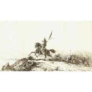 Battle Scene - Original Antique Pen And Brown Ink Drawing