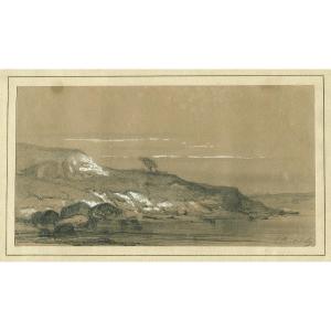 Louis Bentabole (1820-1880) Seascape, Seaside - Original Antique Drawing