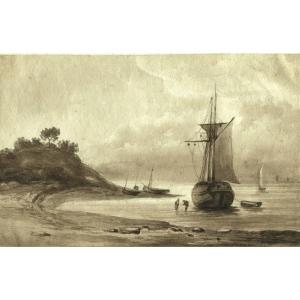 Léon Charles Flahaut (1831-1920) Seascape, Boats - Original Antique Drawing